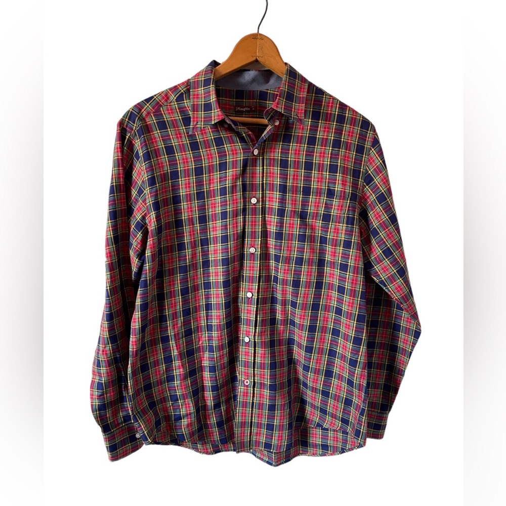 J Mclaughlin Shirt Men Medium Plaid Button Down Holiday‎ Red Green Preppy